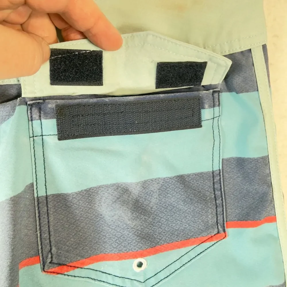 Quiksilver W34 Board Shorts Blue Stripe Swim Trunk Recycled Polyester Drawstring